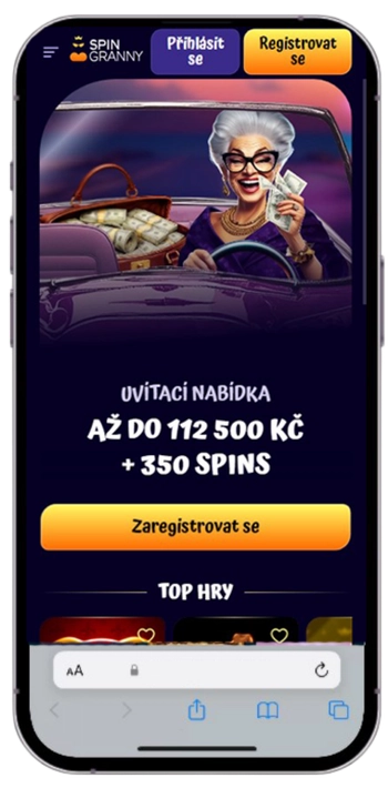 Úvodní stránka aplikace Spin Granny Casino s uvítací nabídkou na iPhonu