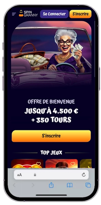 Page d'accueil de l'application Spin Granny Casino avec l'offre de bienvenue sur un iPhone