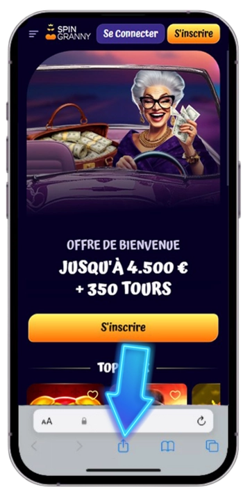 Icône Partager de Safari en bas de la barre du navigateur sur iPhone