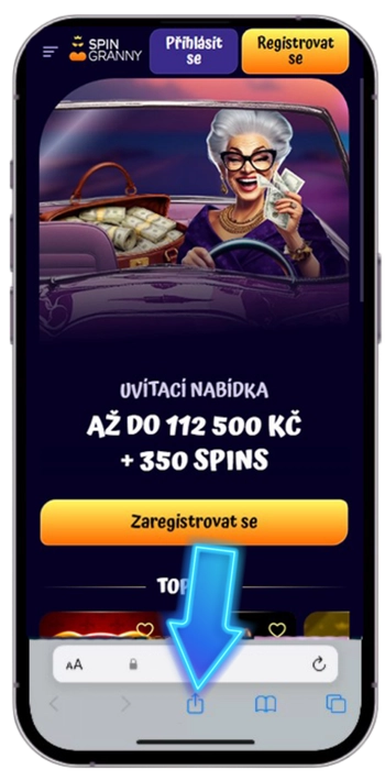 Ikona Sdílet v Safari ve spodní liště prohlížeče na iPhonu