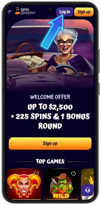 Spin Granny Casino login form with fields for email address and password
