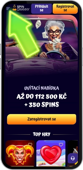 Ikona menu v levém horním rohu webu Spin Granny pro otevření navigace na Androidu