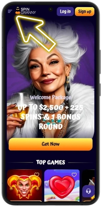Menu icon in the top left corner of the Spin Granny website to open navigation on Android