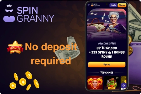 SpinGranny Casino no deposit bonus with homepage and coins