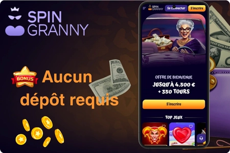SpinGranny Casino bonus sans dépôt avec page d'accueil et pièces de monnaie