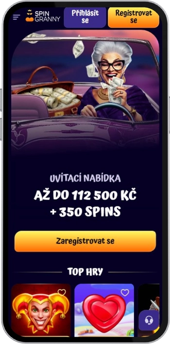 Úvodní stránka aplikace Spin Granny Casino s uvítací nabídkou na Android smartphonu