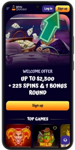 SpinGranny Casino homepage with the Sign Up button