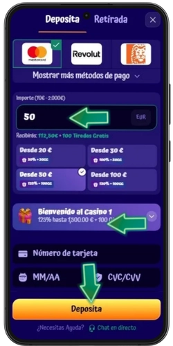 Selección del nivel de bono e importe del depósito en SpinGranny