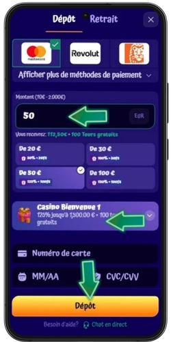 Sélection du niveau de bonus et du montant du dépôt chez SpinGranny