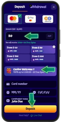 SpinGranny bonus level and deposit amount selection