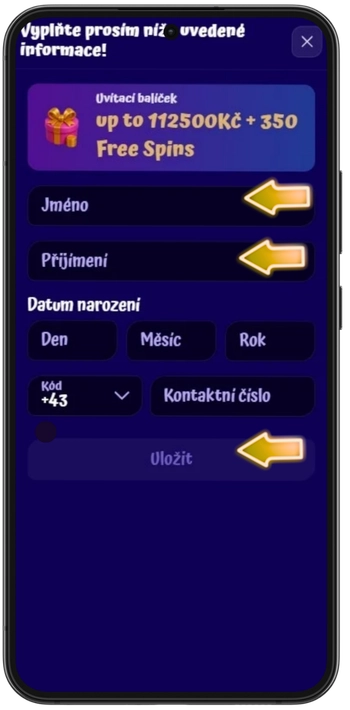 SpinGranny Casino zadání osobních údajů uvítací bonus