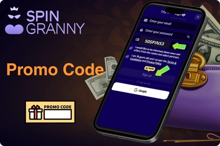 Entering SpinGranny promo code 50SPINS3 in the registration form