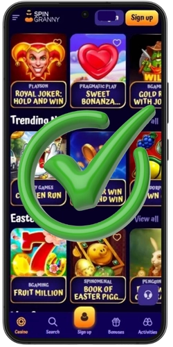 SpinGranny Casino slots catalogue with bonus wagering progress