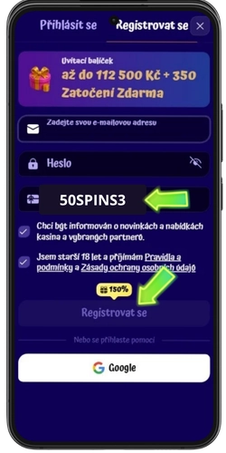 Zadání promo kódu SpinGranny 50SPINS3 při registraci