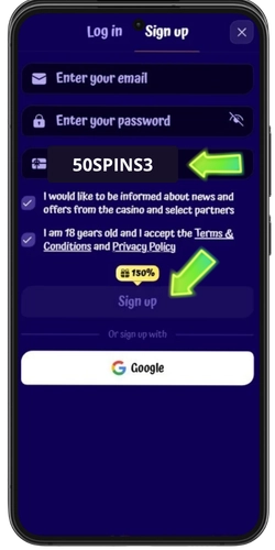 Entering SpinGranny promo code 50SPINS3 during registration