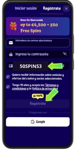 Introducción del código promocional SpinGranny 50SPINS3 durante el registro