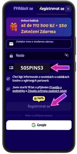 Zadání bonusového kódu SpinGranny 50SPINS3 v registračním formuláři