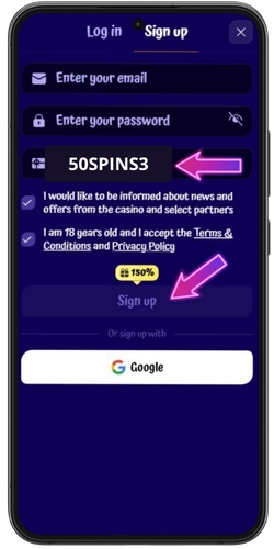 Entering SpinGranny bonus code 50SPINS3 in the registration form