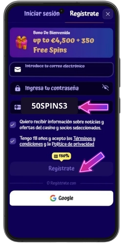 Introducción del código de bono SpinGranny 50SPINS3 en el formulario de registro