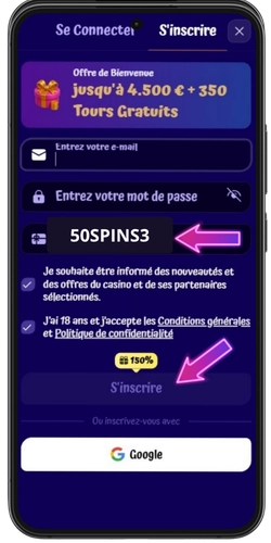 Saisie du code bonus SpinGranny 50SPINS3 dans le formulaire d'inscription