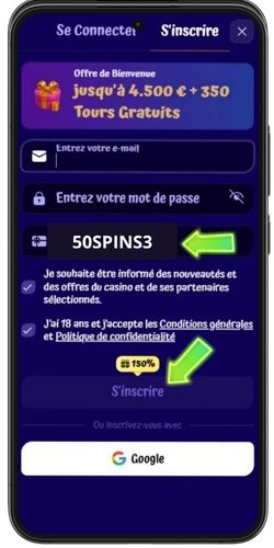 Saisie du code promo SpinGranny 50SPINS3 lors de l'inscription