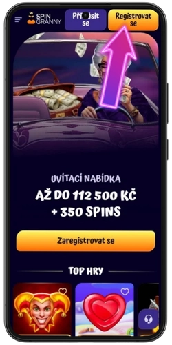 Domovská stránka SpinGranny Casino s tlačítkem Registrovat se vpravo nahoře