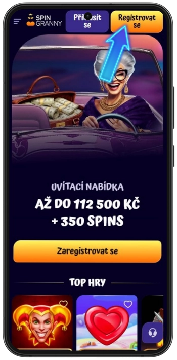 SpinGranny Casino tlačítko registrace vytvoření účtu
