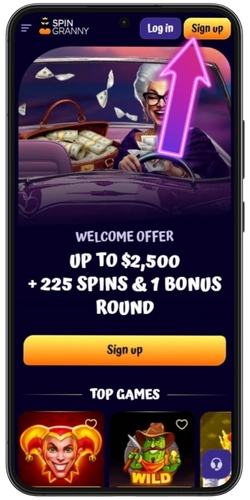 SpinGranny Casino homepage with the Register button in the top right corner