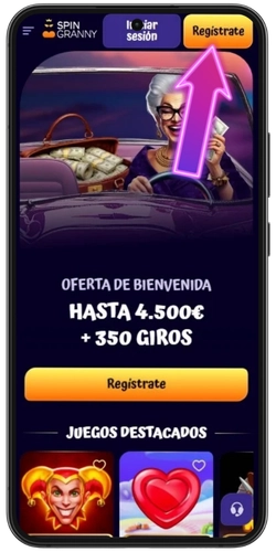 Página de inicio de SpinGranny Casino con el botón Registrarse en la esquina superior derecha