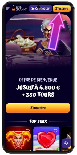 Page d'accueil SpinGranny Casino avec le bouton S'inscrire en haut à droite