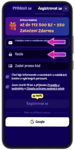 Registrační formulář SpinGranny s poli pro e-mail, heslo a promo kód