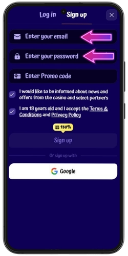 SpinGranny registration form with email, password and promo code fields