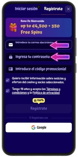 Formulario de registro de SpinGranny con campos de correo, contraseña y código promocional