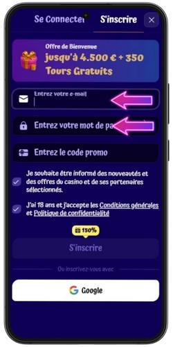 Formulaire d'inscription SpinGranny avec champs e-mail, mot de passe et code promo
