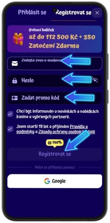 SpinGranny Casino registrační formulář zadání e-mailu a hesla