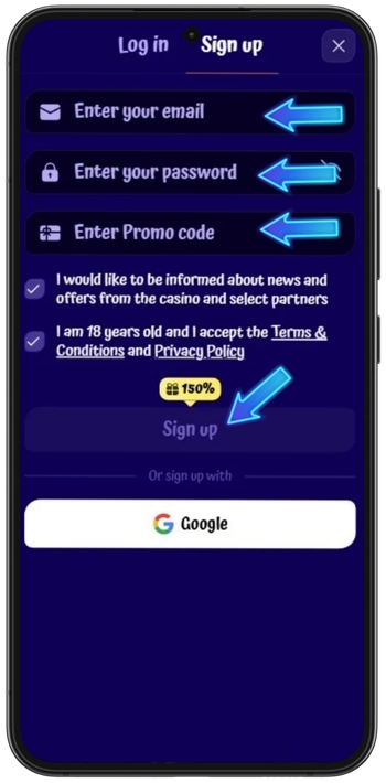 SpinGranny Casino registration form enter email and password