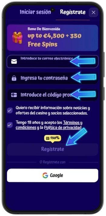SpinGranny Casino formulario de registro introducir correo y contraseña