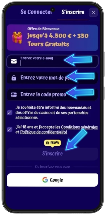 SpinGranny Casino formulaire d'inscription saisir e-mail et mot de passe