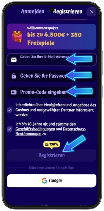 SpinGranny Casino registratieformulier e-mailadres en wachtwoord invoeren