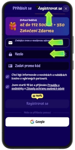 Registrace v kasinu SpinGranny s e-mailem a heslem