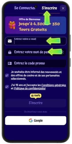 Inscription au casino SpinGranny avec e-mail et mot de passe