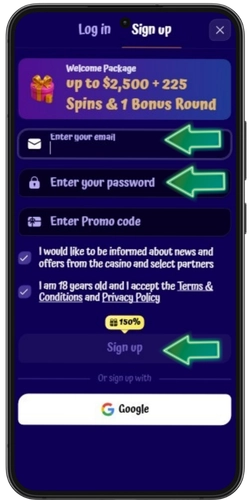 SpinGranny registration form with email and password fields