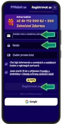 Registrační formulář SpinGranny s e-mailem a heslem