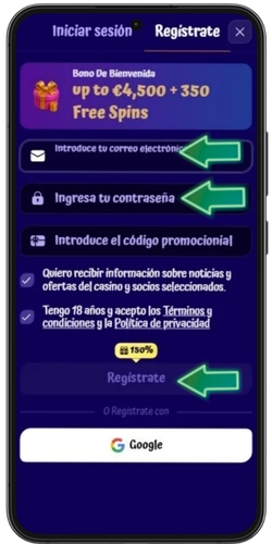Formulario de registro de SpinGranny con correo electrónico y contraseña