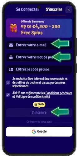 Formulaire d'inscription SpinGranny avec e-mail et mot de passe