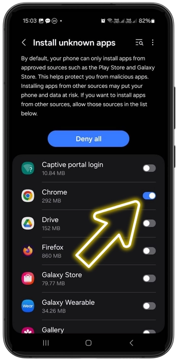 Android settings screen to allow installation from unknown sources for the Spin Granny app browser