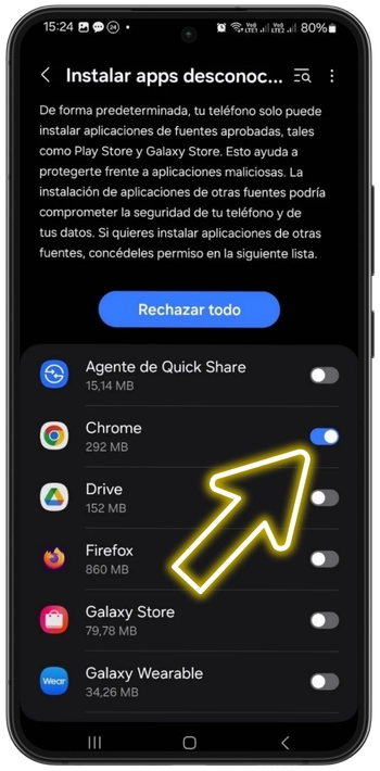 Ajustes de Android para permitir la instalación desde fuentes desconocidas para el navegador de la aplicación Spin Granny