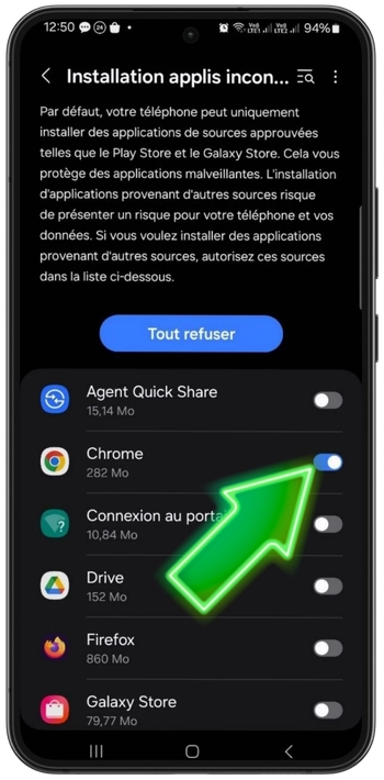 Paramètres Android pour autoriser l'installation depuis des sources inconnues pour le navigateur de l'application Spin Granny