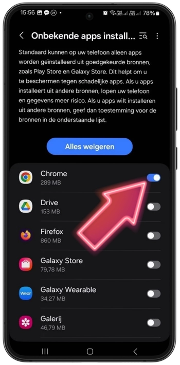 Android-instellingen om installatie van onbekende bronnen toe te staan voor de browser van de Spin Granny-app