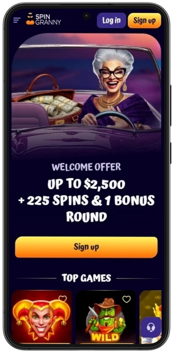 Spin Granny Casino homepage with the login button in the top right corner of the screen
